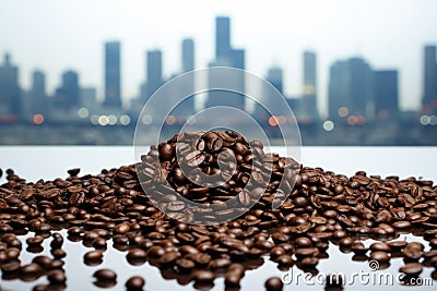 coffee beans forming a depiction of city skyline Stock Photo