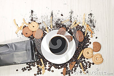 Coffee beans , French fries and cookies, coffee in cup Stock Photo