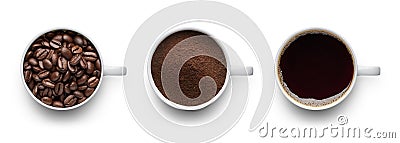 Coffee beans, ground coffee and cup of black coffee Stock Photo