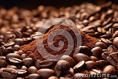 Coffee beans and ground coffee on a dark background, close up.Generative AI Stock Photo