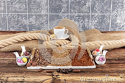 Coffee beans, ground coffee and granules. Beans, instant and ground coffee. Freshly roasting coffee beans, preparing for brewing Stock Photo