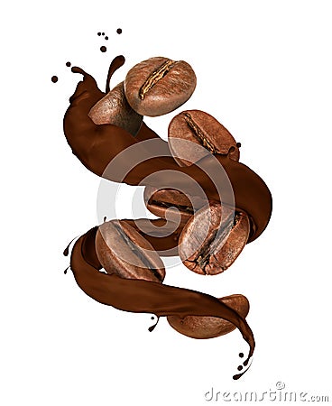 Coffee beans moves in chocolate splashes on white background Stock Photo