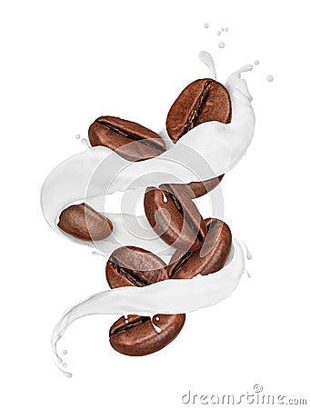 Coffee beans moves in a swirling splashes of milk Stock Photo