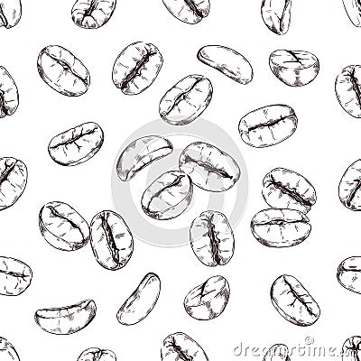 Coffee beans pattern. Seamless print of hand drawn roasted Arabica various seeds. Engraved morning drink ingredient Vector Illustration