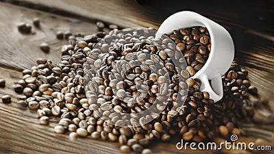 Coffee beans are poured from a Cup on a wooden background. Stock Photo