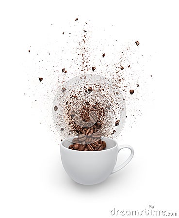 Coffee beans and powder spilled out from cup Stock Photo