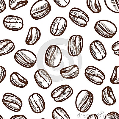 Coffee beans sketch seamless pattern energetic hot drink ingredient Vector Illustration