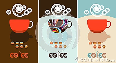 Coffee beans, steam over cup. Flyer, banner, menu cover designs Vector Illustration