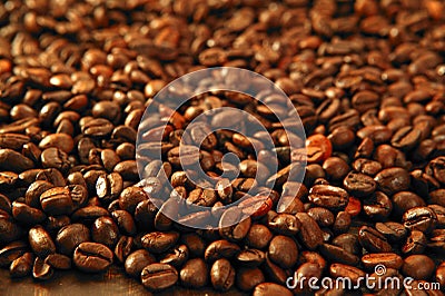 Coffee beans in warm golden brown background Stock Photo