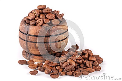 Coffee beans in a wooden bowl isolated on white background Stock Photo