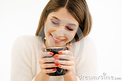 Coffee. Beautiful Girl Drinking Coffee. Stock Photo