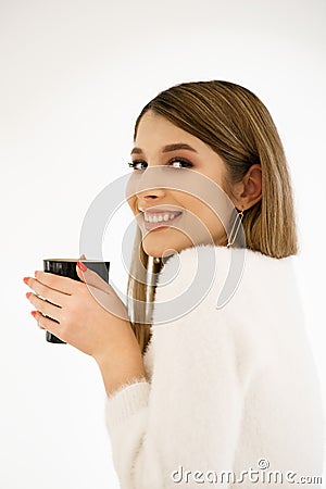 Coffee. Beautiful Girl Drinking Coffee. Stock Photo