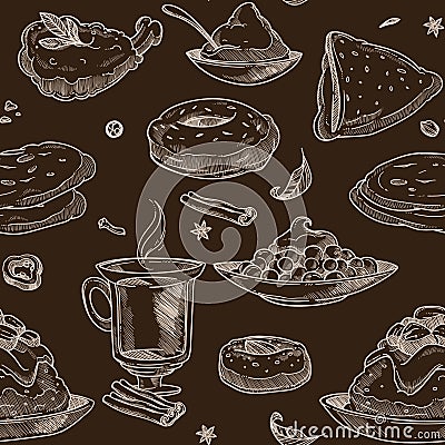 Coffee beverage and desserts seamless pattern sketches outline Vector Illustration