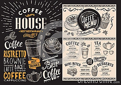 Coffee and beverage restaurant menu. Drink flyer for bar and cafe. Design template with vintage hand-drawn food illustrations. Vector Illustration