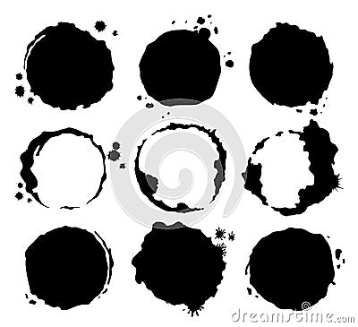 Coffee black stains. Dirty cup splash ring stain or coffee stamp, dirt watercolor latte or tea spots. Coffee ring stain Vector Illustration