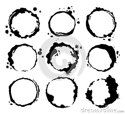 Coffee black stains. Dirty cup splash ring stain or coffee stamp, dirt watercolor latte or tea spots. Coffee ring stain Vector Illustration