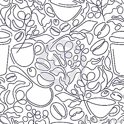 Coffee branch, cup, bean Monoline seamless pattern Vector Illustration