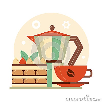 Coffee Break Ikon with Moka Pot and Cake Vector Illustration