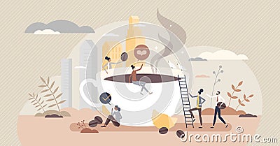Coffee break and pause from work with hot cafe drink tiny person concept Vector Illustration