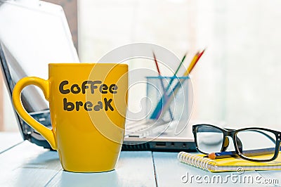 Coffee Break Relaxation Rest Relief Repose Concept. Morning hot drink cup on home or business office background Stock Photo