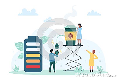 Coffee break to charge low battery with hot energetic caffeine drink and tiny people Vector Illustration