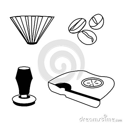 Coffee Brewing Essentials Vector Set - Origami Dripper, Coffee Beans, Tamper, Tamping Mat Stock Photo