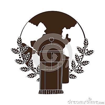 Coffee brewing methods, french press world branches with seeds silhouette icon style Vector Illustration