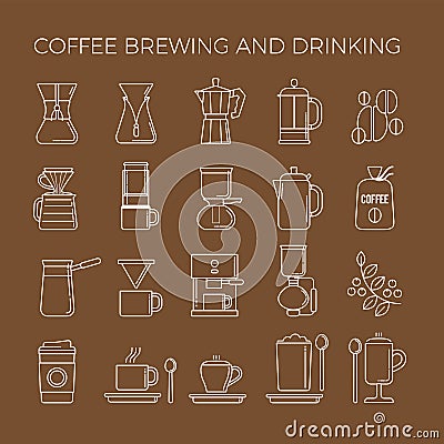 Coffee brewing methods icons set. Different ways of making hot energy drink. Cartoon Illustration