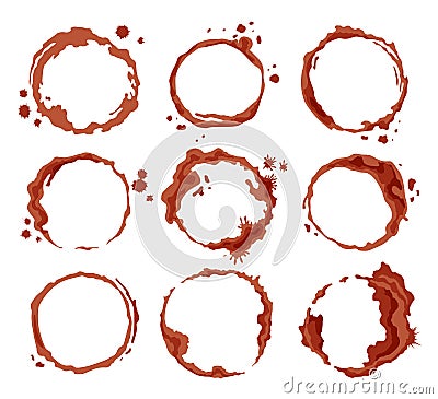 Coffee brown stains. Dirty cup splash ring stain or coffee stamp, dirt watercolor latte or tea spots. Coffee ring stain Vector Illustration