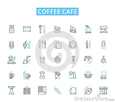 Coffee cafe linear icons set. Espresso, Latte, Cappuccino, Macchiato, Frappuccino, Americano, Mocha line vector and Vector Illustration