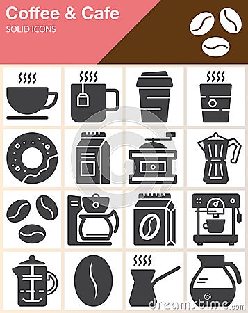 Coffee and Cafe vector icons set, modern solid symbol collection, filled style pictogram pack. Vector Illustration