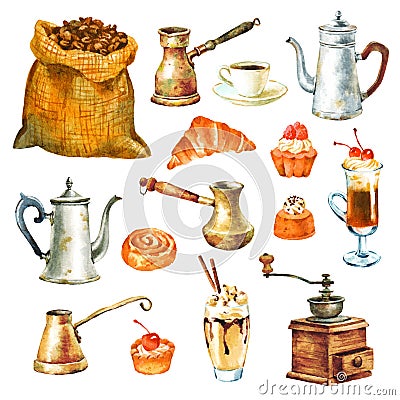 Coffee and cake elements, set of watercolor illustrations Cartoon Illustration
