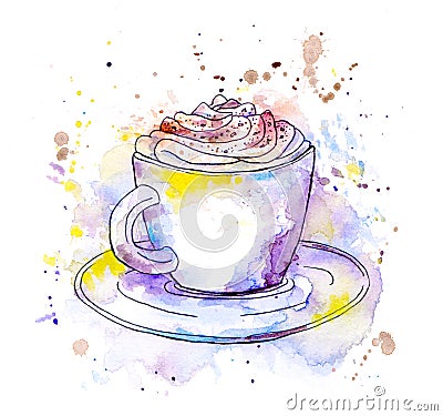 Coffee cappuccino cup. Watercolor Stock Photo