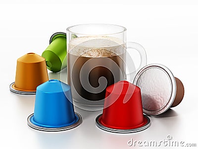 Coffee capsules and mug isolated on white background. 3D illustration Cartoon Illustration