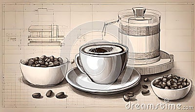 Coffee Charisma: An Architectural Charcoal Sketch, Expressive Lines, Warm Still Life with Aroma and Flavor Symphony Stock Photo