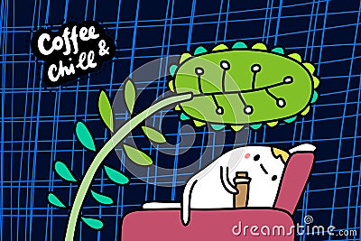 Coffee and chill hand drawn vector illustration in cartoon comic style man laying on bed under big plant Cartoon Illustration