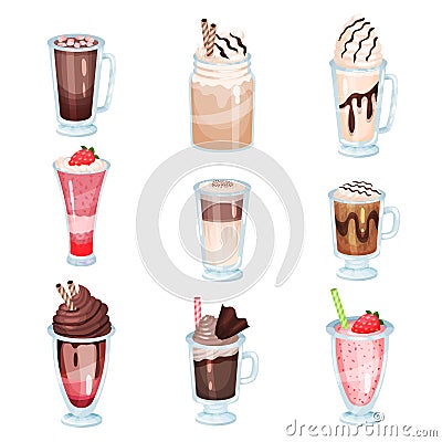 Coffee, chocolate and fruit smoothie set, refreshment beverage in glass cartoon vector Illustrations Vector Illustration