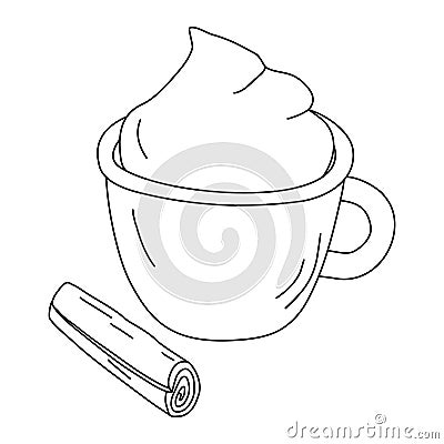 Coffee with cinnamon and whipped cream, doodle style flat vector outline for coloring book Vector Illustration