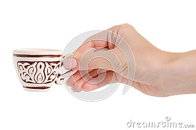 Coffee clay cup in hand Stock Photo