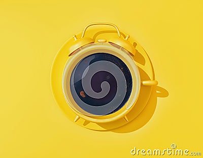 Coffee clock on yellow background Concept of refreshing energy Cartoon Illustration