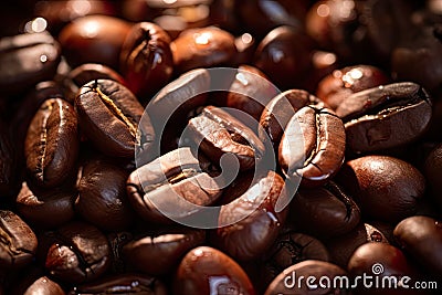 Coffee with a close-up view of dark, roasted coffee beans. This macro shot highlights the rich aroma, texture Stock Photo