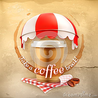 Coffee with coffee stain, tablecloths, coffee grains and awnings Vector Illustration