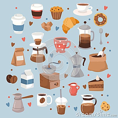 Coffee collection, different coffee elements with lettering. Cute cartoon icons in hand drawn style. Vector illustration Vector Illustration