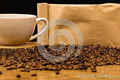 Coffee concept with bag for coffee beans Stock Photo