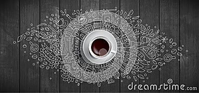 Coffee concept on wooden background - white coffee cup, top view with doodle illustration about coffee, beans, morning Vector Illustration