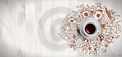 Coffee concept on wooden background - white coffee cup, top view with doodle illustration about coffee, beans, morning Vector Illustration