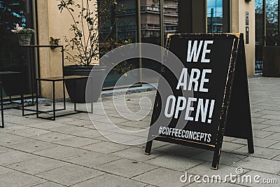 Coffee Concepts, Coffee bar, We are open sidewalk board, Parnassusweg Amsterdam Editorial Stock Photo