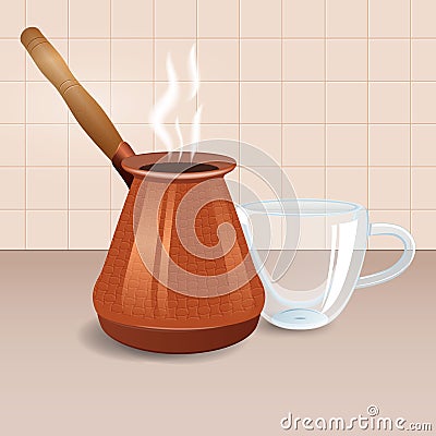 Coffee copper pot and double-walled glass cup. Vector Illustration