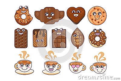 Coffee Creamy Cups, Chocolate Donuts Collection Vector Illustration