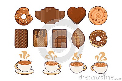 Coffee Creamy Foam Cups, Dessert Chocolate Set Vector Illustration